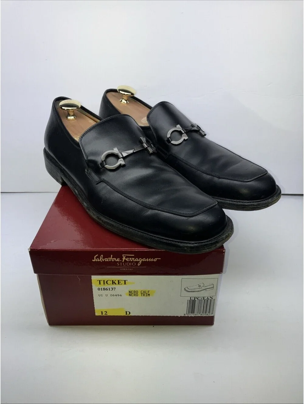 Ferragamo Mens Black Loafers 12 D Silver Horse Bit Ticket Luxury Leather Shoe